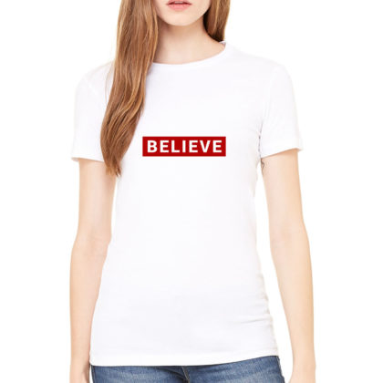 Női póló (Believe, piros téglalap, fehér)